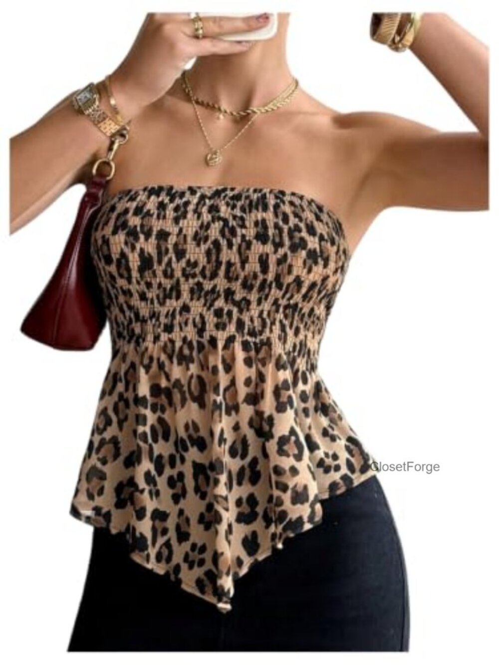 Y2K Leopard Peplum Babydoll Strapless Smocked Top Women's